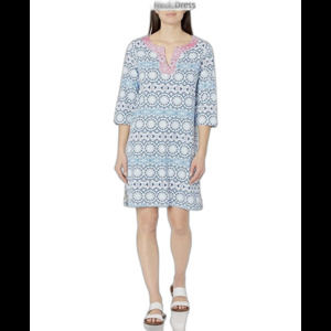 Caribbean Joe Womens UPF 50 Yoke Neck Dress Medallion Blue Sz Small NWT Cute!